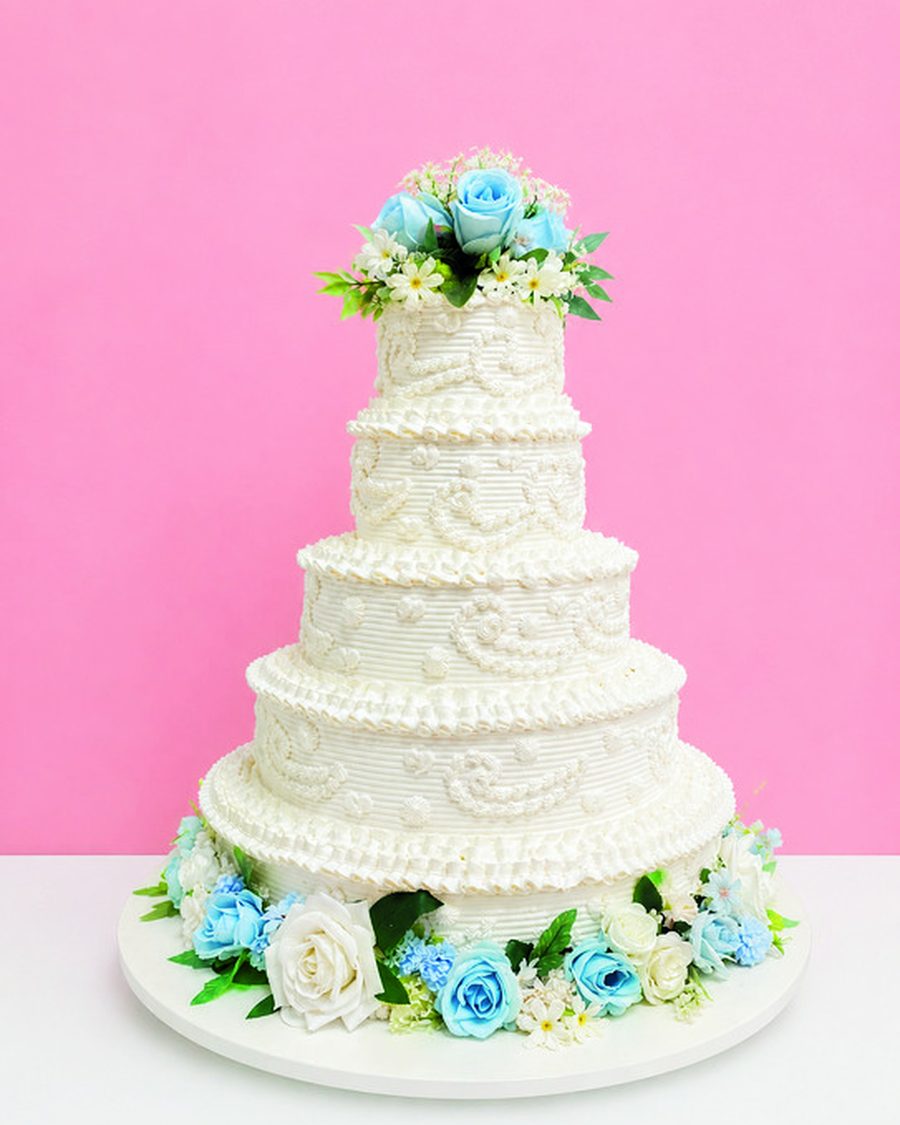 Wedding cake bertingkat putih dengan hiasan bunga